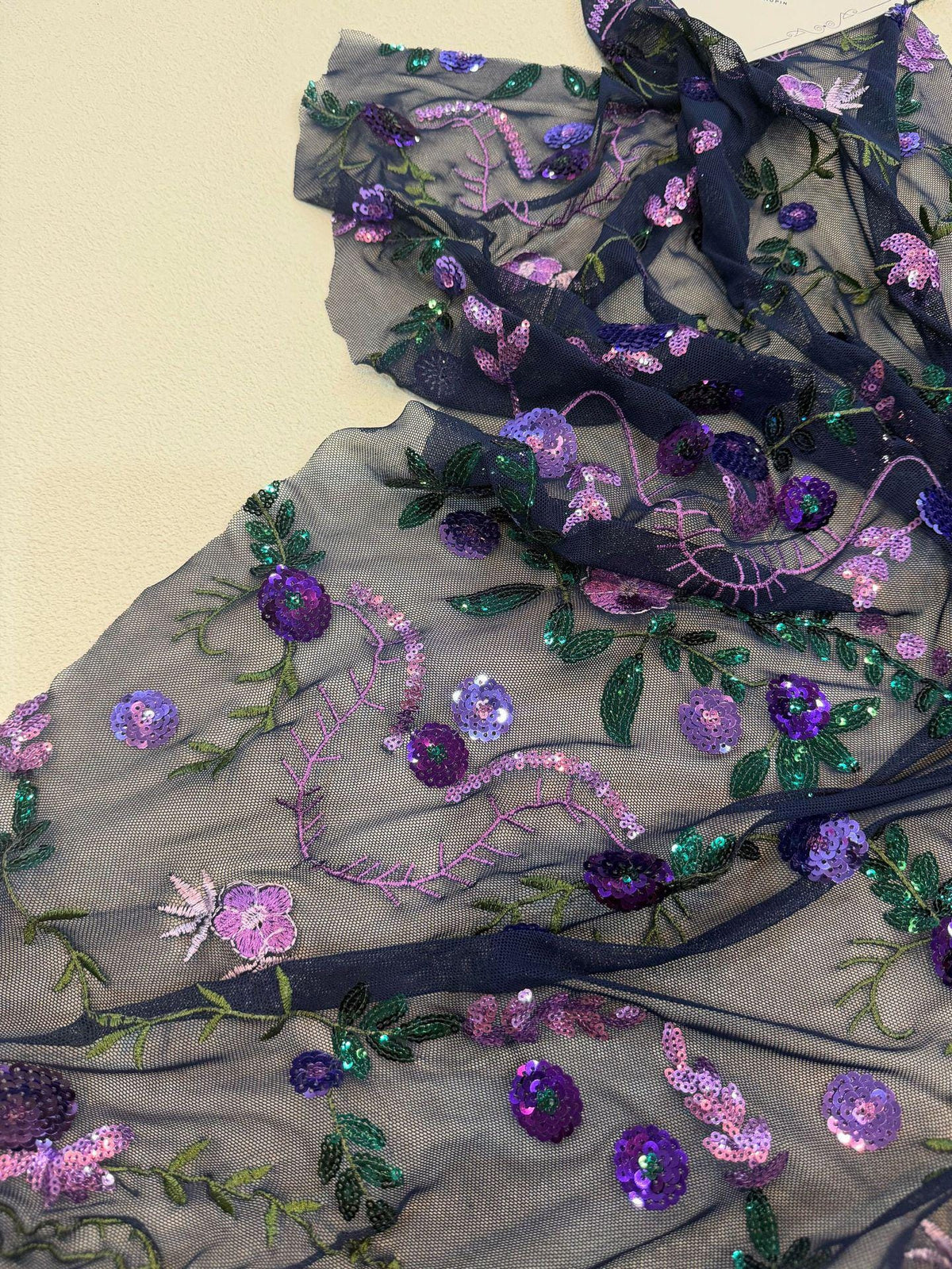 Purple Floral Sequin Embroidered Tulle Fabric, Black Sheer Mesh Lace with Green Leaves for Evening Gowns, Dresses, Cheongsam and Crafts, 48"