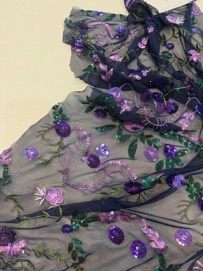 Purple Floral Sequin Embroidered Tulle Fabric, Black Sheer Mesh Lace with Green Leaves for Evening Gowns, Dresses, Cheongsam and Crafts, 48"