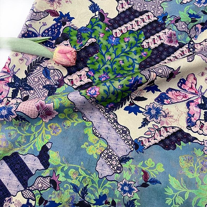 Butterfly Floral Print Twill Fabric, Colorful Vintage Patchwork Style, Heavyweight Double Layer Fabric for Jackets, Coat, Pants, Sewing, 59"