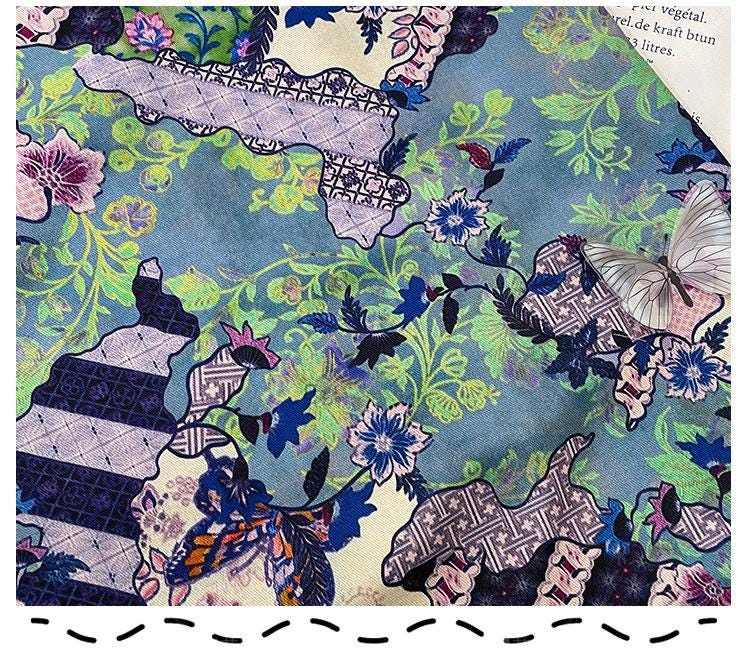 Butterfly Floral Print Twill Fabric, Colorful Vintage Patchwork Style, Heavyweight Double Layer Fabric for Jackets, Coat, Pants, Sewing, 59"