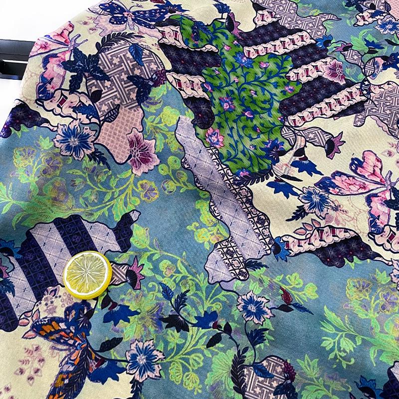 Butterfly Floral Print Twill Fabric, Colorful Vintage Patchwork Style, Heavyweight Double Layer Fabric for Jackets, Coat, Pants, Sewing, 59"