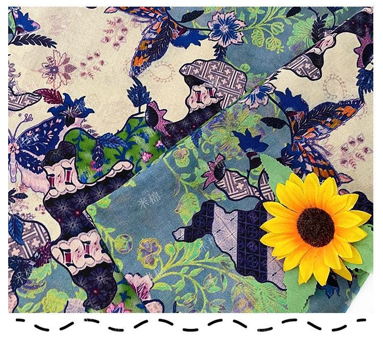 Butterfly Floral Print Twill Fabric, Colorful Vintage Patchwork Style, Heavyweight Double Layer Fabric for Jackets, Coat, Pants, Sewing, 59"