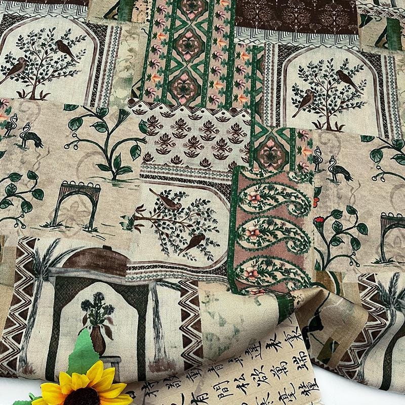 Woodland Botanical Print Twill Fabric, Patchwork Style with Birds and Floral Motifs, Heavy Double Layer Fabric for Jackets, Coats, Pants