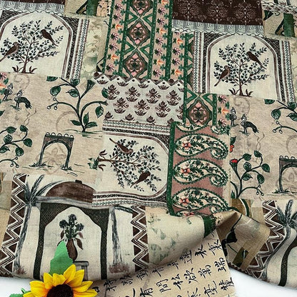 Woodland Botanical Print Twill Fabric, Patchwork Style with Birds and Floral Motifs, Heavy Double Layer Fabric for Jackets, Coats, Pants