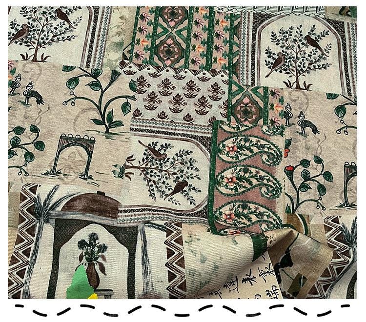Woodland Botanical Print Twill Fabric, Patchwork Style with Birds and Floral Motifs, Heavy Double Layer Fabric for Jackets, Coats, Pants