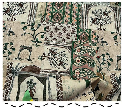 Woodland Botanical Print Twill Fabric, Patchwork Style with Birds and Floral Motifs, Heavy Double Layer Fabric for Jackets, Coats, Pants