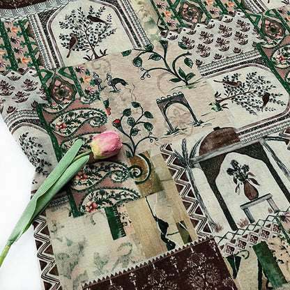Woodland Botanical Print Twill Fabric, Patchwork Style with Birds and Floral Motifs, Heavy Double Layer Fabric for Jackets, Coats, Pants