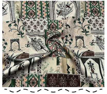 Woodland Botanical Print Twill Fabric, Patchwork Style with Birds and Floral Motifs, Heavy Double Layer Fabric for Jackets, Coats, Pants