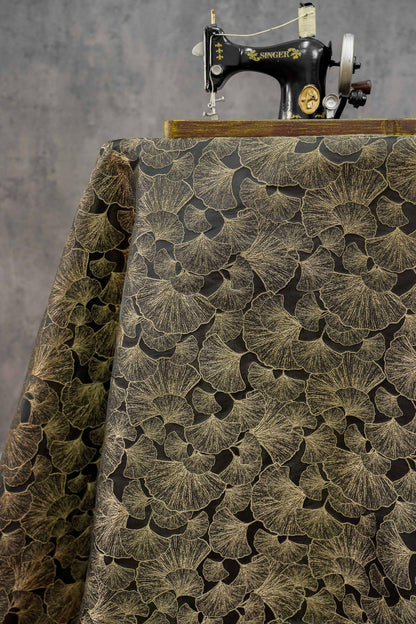 Black Gold Ginkgo Leaf Jacquard Fabric, Metallic Thread Embossed Brocade for Cheongsam, Jackets, Dresses, Bags and Home Decor, 64"