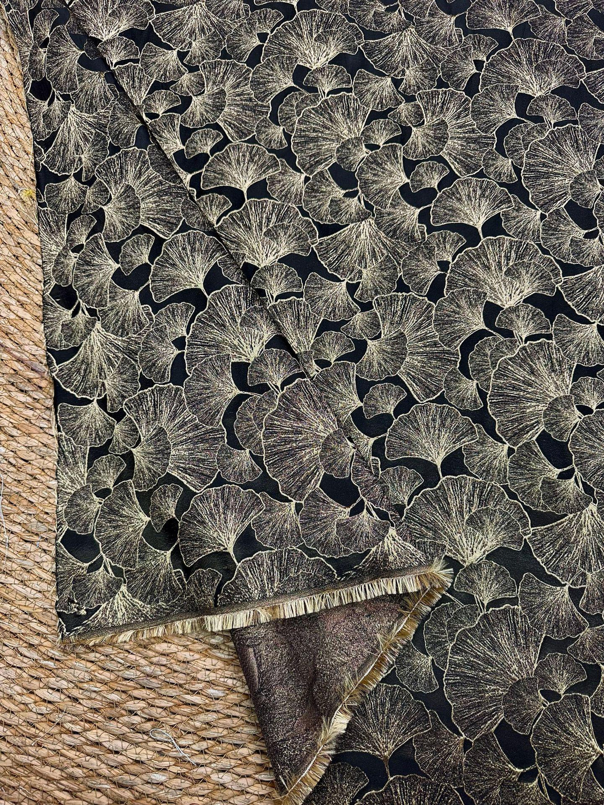 Black Gold Ginkgo Leaf Jacquard Fabric, Metallic Thread Embossed Brocade for Cheongsam, Jackets, Dresses, Bags and Home Decor, 64"