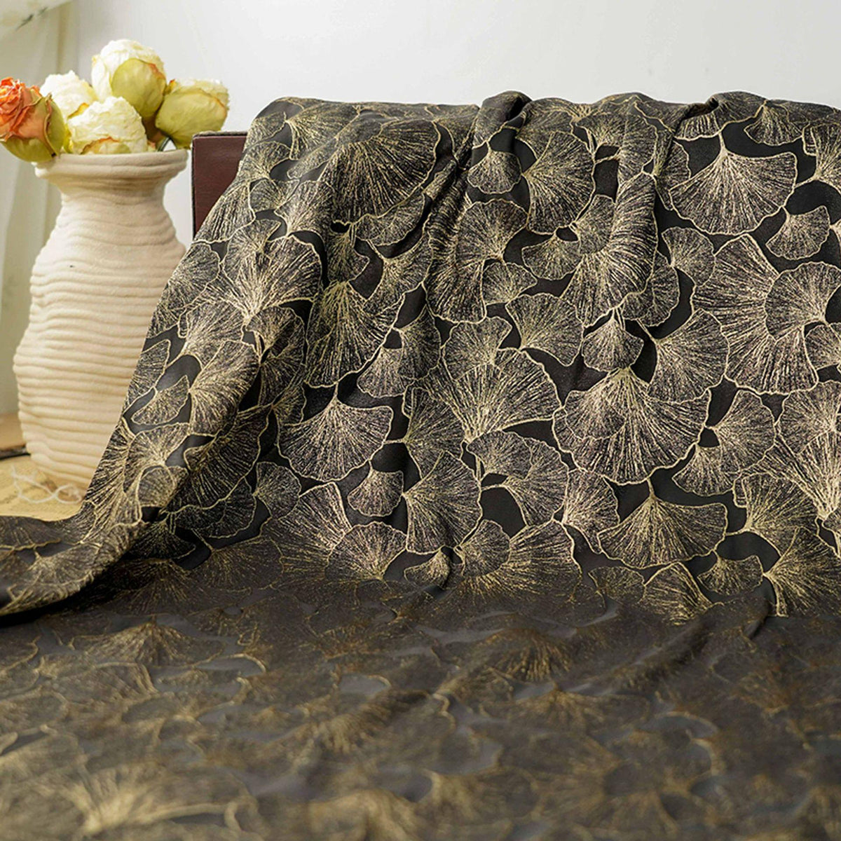 Black Gold Ginkgo Leaf Jacquard Fabric, Metallic Thread Embossed Brocade for Cheongsam, Jackets, Dresses, Bags and Home Decor, 64"