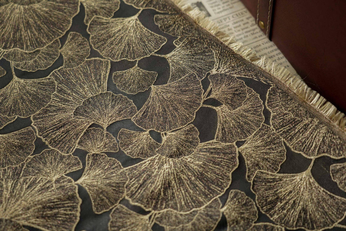 Black Gold Ginkgo Leaf Jacquard Fabric, Metallic Thread Embossed Brocade for Cheongsam, Jackets, Dresses, Bags and Home Decor, 64"