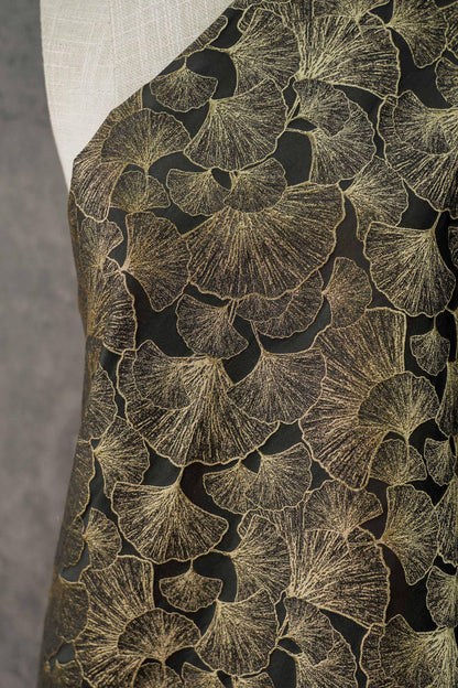 Black Gold Ginkgo Leaf Jacquard Fabric, Metallic Thread Embossed Brocade for Cheongsam, Jackets, Dresses, Bags and Home Decor, 64"