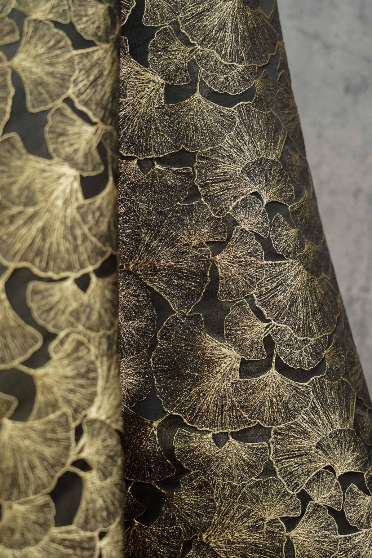 Black Gold Ginkgo Leaf Jacquard Fabric, Metallic Thread Embossed Brocade for Cheongsam, Jackets, Dresses, Bags and Home Decor, 64"
