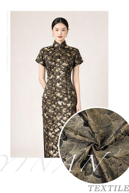 Black Gold Ginkgo Leaf Jacquard Fabric, Metallic Thread Embossed Brocade for Cheongsam, Jackets, Dresses, Bags and Home Decor, 64"