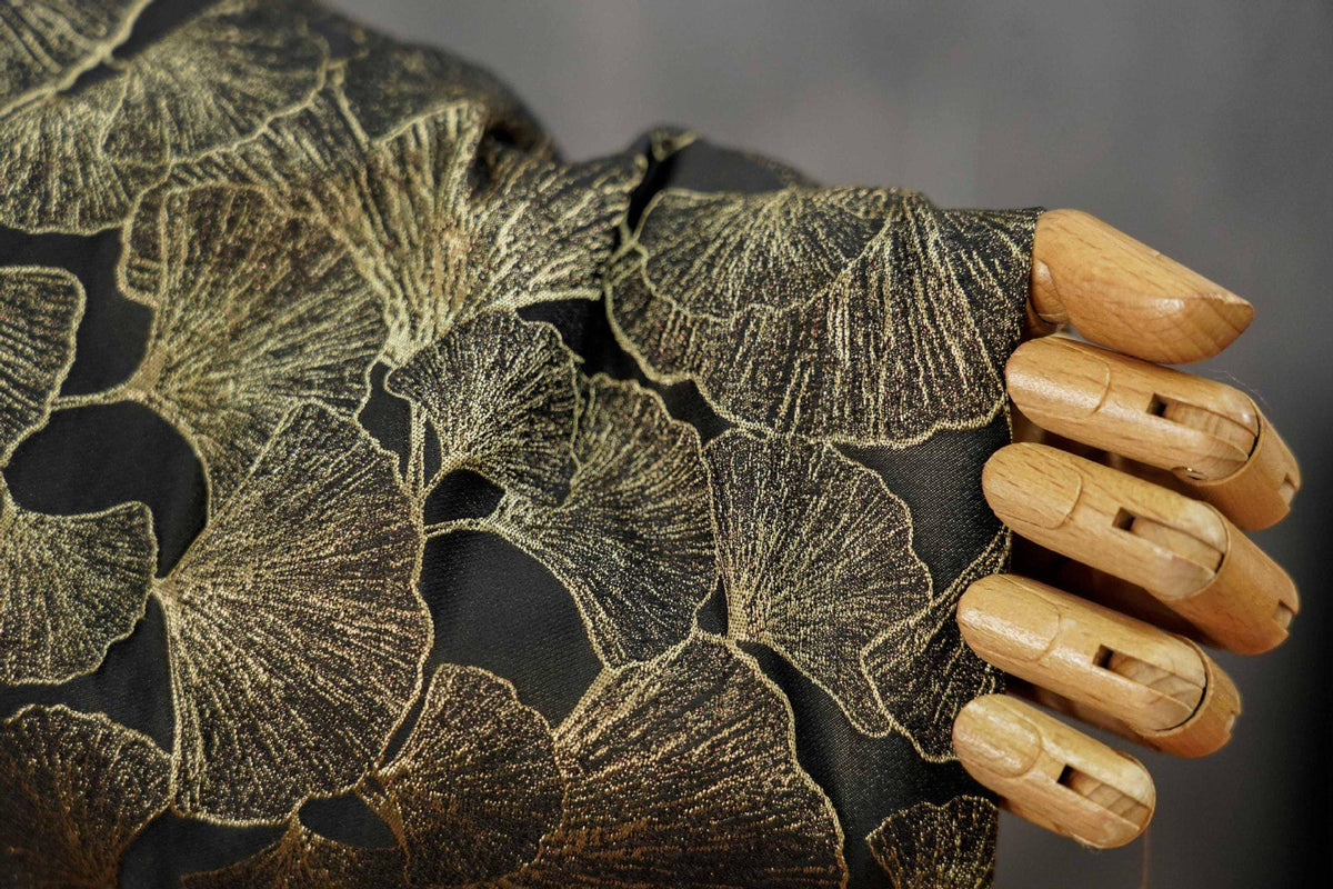 Black Gold Ginkgo Leaf Jacquard Fabric, Metallic Thread Embossed Brocade for Cheongsam, Jackets, Dresses, Bags and Home Decor, 64"