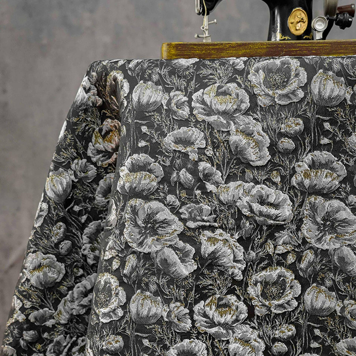 Black Silver Floral Jacquard Fabric, 3D Embossed Gold Thread Brocade with Poppy Flowers for Cheongsam, Dresses, Jackets and Home Decor, 64"