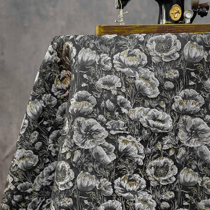 Black Silver Floral Jacquard Fabric, 3D Embossed Gold Thread Brocade with Poppy Flowers for Cheongsam, Dresses, Jackets and Home Decor, 64"