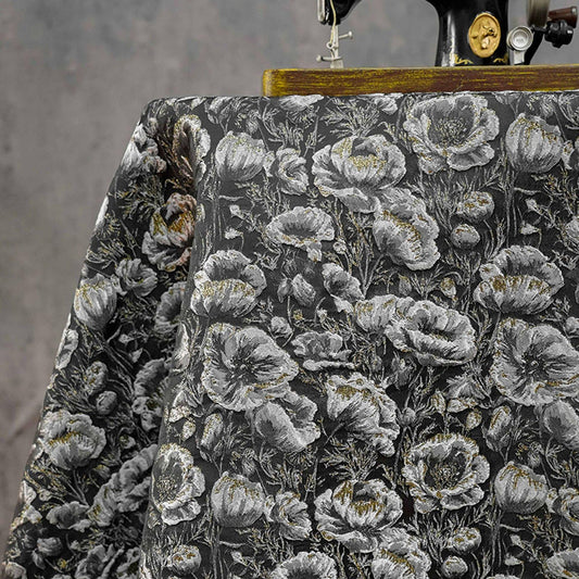 Black Silver Floral Jacquard Fabric, 3D Embossed Gold Thread Brocade with Poppy Flowers for Cheongsam, Dresses, Jackets and Home Decor, 64" - Poppylollipop