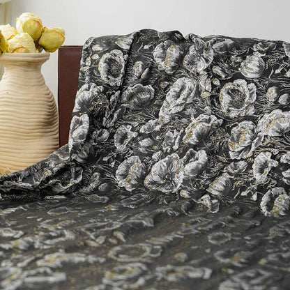 Black Silver Floral Jacquard Fabric, 3D Embossed Gold Thread Brocade with Poppy Flowers for Cheongsam, Dresses, Jackets and Home Decor, 64"