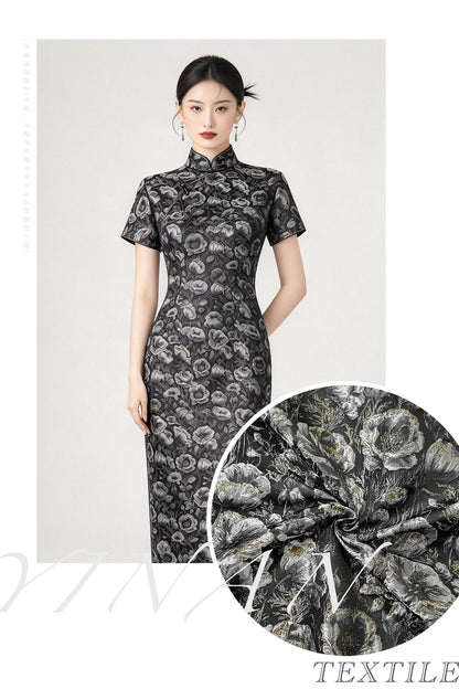 Black Silver Floral Jacquard Fabric, 3D Embossed Gold Thread Brocade with Poppy Flowers for Cheongsam, Dresses, Jackets and Home Decor, 64"