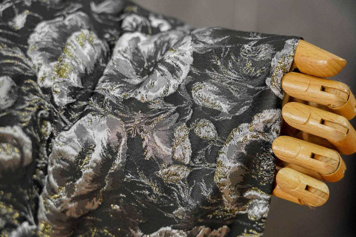 Black Silver Floral Jacquard Fabric, 3D Embossed Gold Thread Brocade with Poppy Flowers for Cheongsam, Dresses, Jackets and Home Decor, 64"
