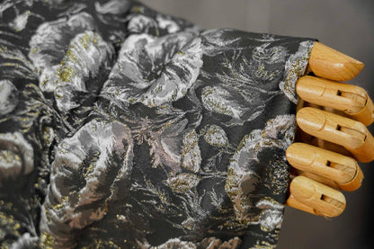 Black Silver Floral Jacquard Fabric, 3D Embossed Gold Thread Brocade with Poppy Flowers for Cheongsam, Dresses, Jackets and Home Decor, 64"
