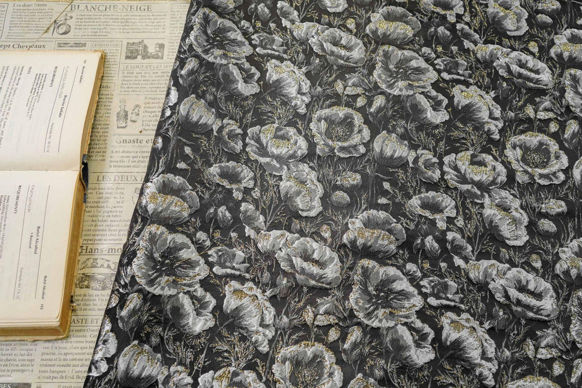 Black Silver Floral Jacquard Fabric, 3D Embossed Gold Thread Brocade with Poppy Flowers for Cheongsam, Dresses, Jackets and Home Decor, 64"