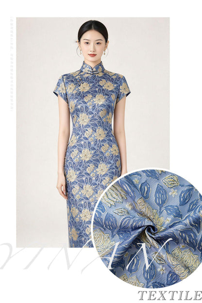 Dusty Blue Magnolia Floral Jacquard Fabric, Gold Thread Embossed Brocade for Cheongsam, Dresses, Jackets and Home Decor, 55"