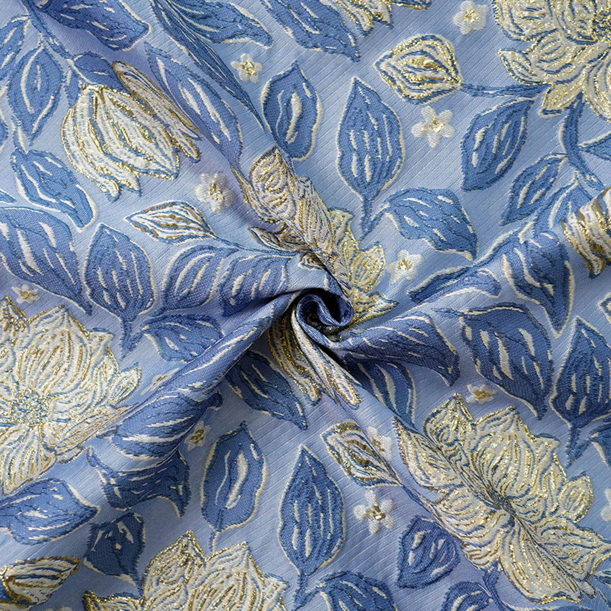 Dusty Blue Magnolia Floral Jacquard Fabric, Gold Thread Embossed Brocade for Cheongsam, Dresses, Jackets and Home Decor, 55"