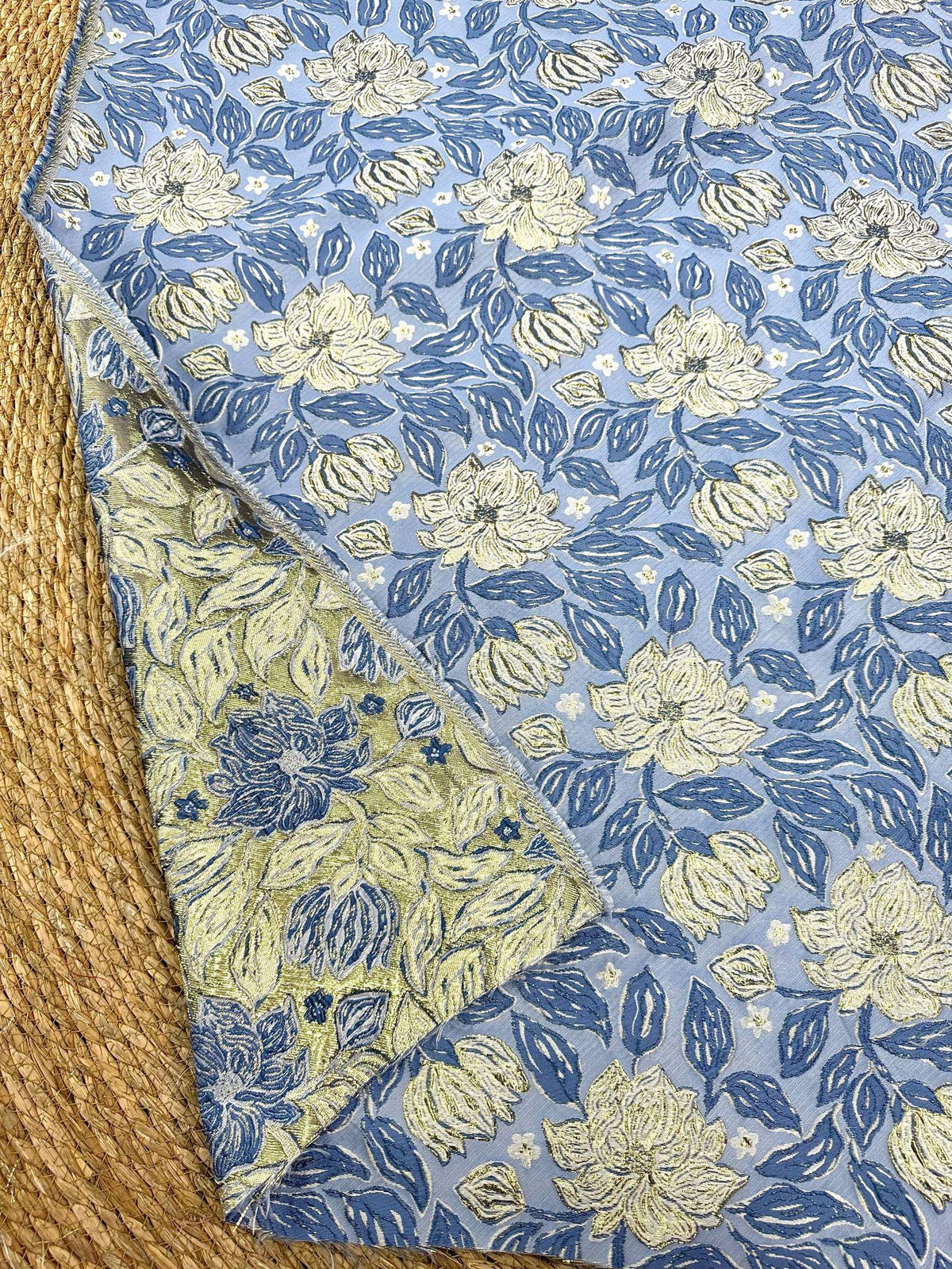 Dusty Blue Magnolia Floral Jacquard Fabric, Gold Thread Embossed Brocade for Cheongsam, Dresses, Jackets and Home Decor, 55"