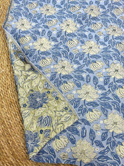 Dusty Blue Magnolia Floral Jacquard Fabric, Gold Thread Embossed Brocade for Cheongsam, Dresses, Jackets and Home Decor, 55"