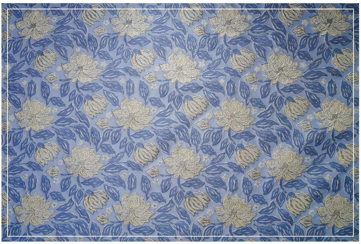 Dusty Blue Magnolia Floral Jacquard Fabric, Gold Thread Embossed Brocade for Cheongsam, Dresses, Jackets and Home Decor, 55"