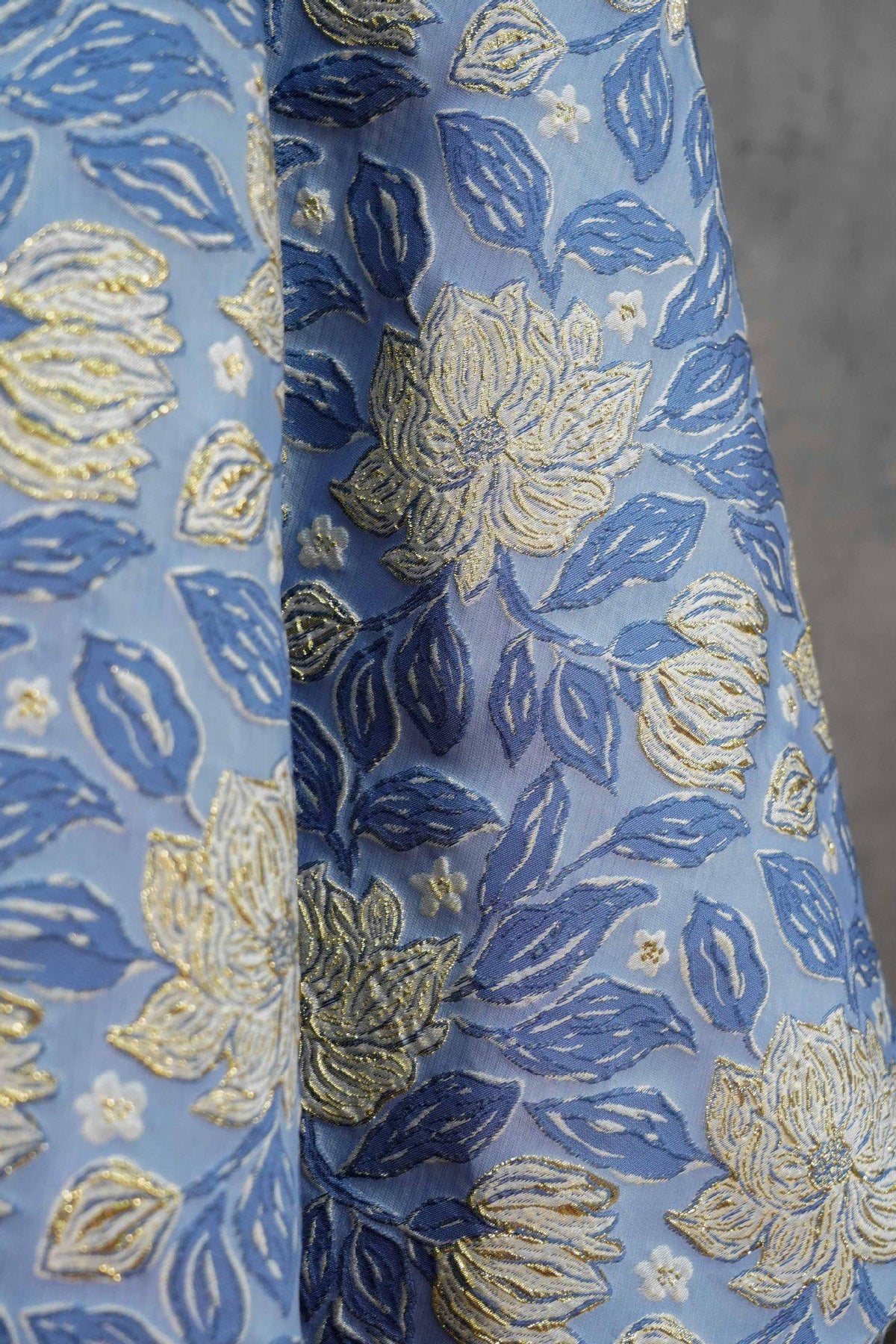 Dusty Blue Magnolia Floral Jacquard Fabric, Gold Thread Embossed Brocade for Cheongsam, Dresses, Jackets and Home Decor, 55"