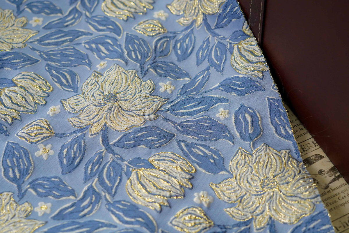 Dusty Blue Magnolia Floral Jacquard Fabric, Gold Thread Embossed Brocade for Cheongsam, Dresses, Jackets and Home Decor, 55"