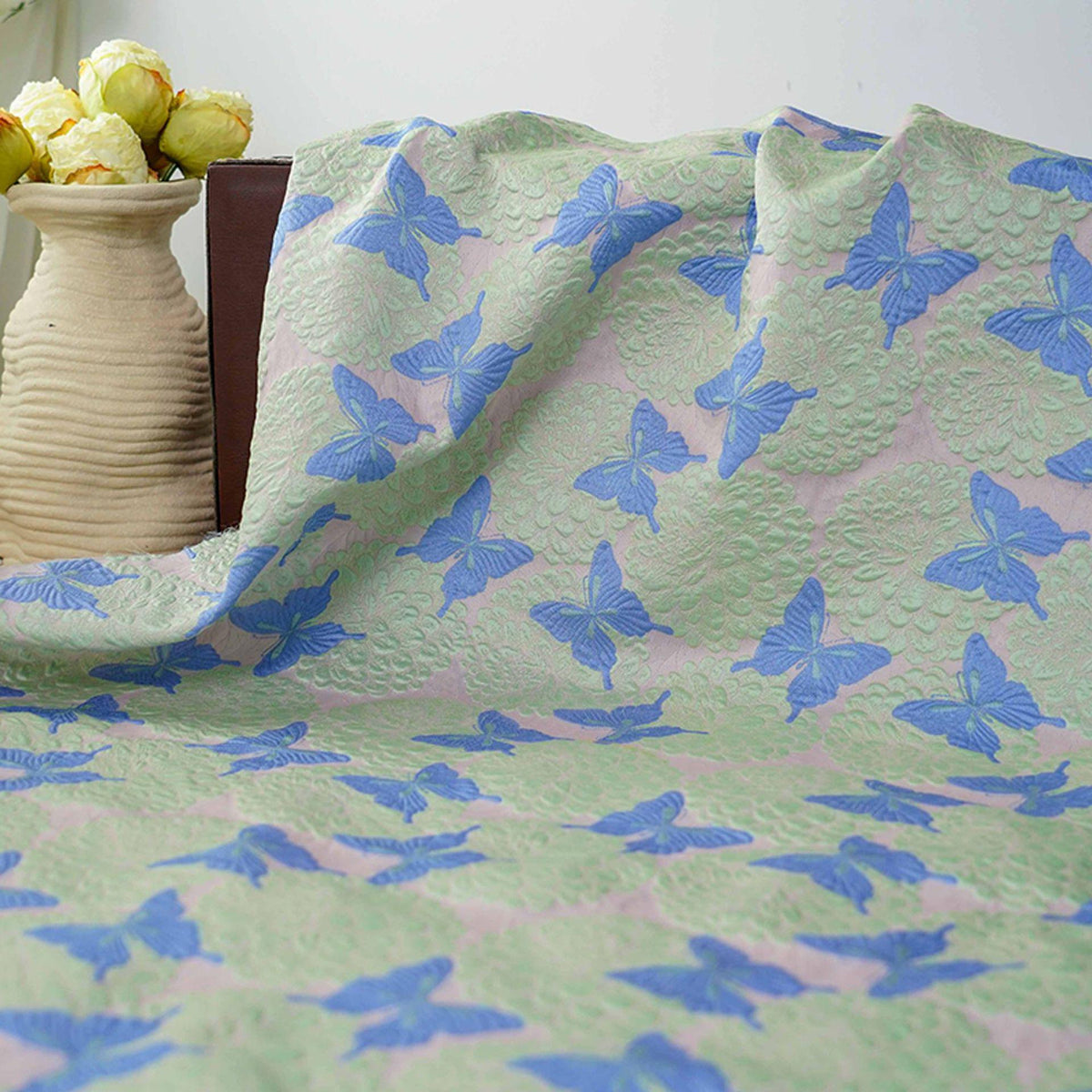 Pastel Pink Mint Green Butterfly Jacquard Fabric, 3D Embossed Floral Brocade for Cheongsam, Dresses, Jackets and Sewing Crafts, 54"