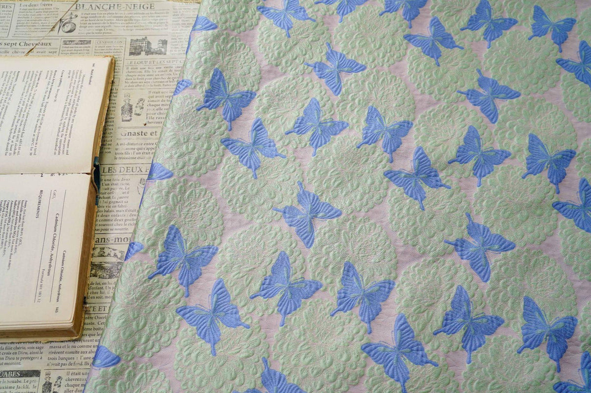 Pastel Pink Mint Green Butterfly Jacquard Fabric, 3D Embossed Floral Brocade for Cheongsam, Dresses, Jackets and Sewing Crafts, 54"