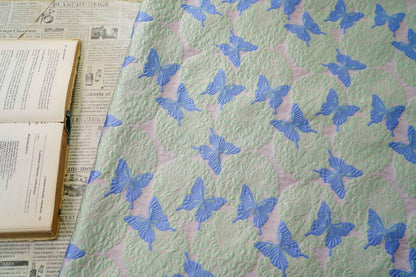 Pastel Pink Mint Green Butterfly Jacquard Fabric, 3D Embossed Floral Brocade for Cheongsam, Dresses, Jackets and Sewing Crafts, 54"
