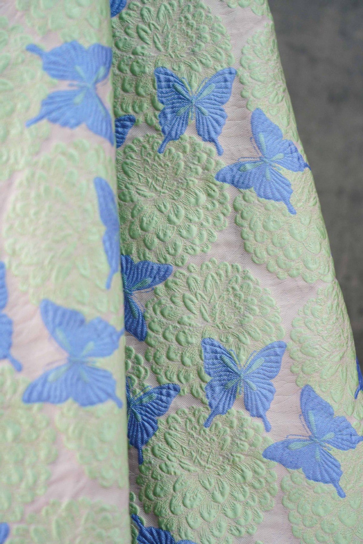 Pastel Pink Mint Green Butterfly Jacquard Fabric, 3D Embossed Floral Brocade for Cheongsam, Dresses, Jackets and Sewing Crafts, 54"