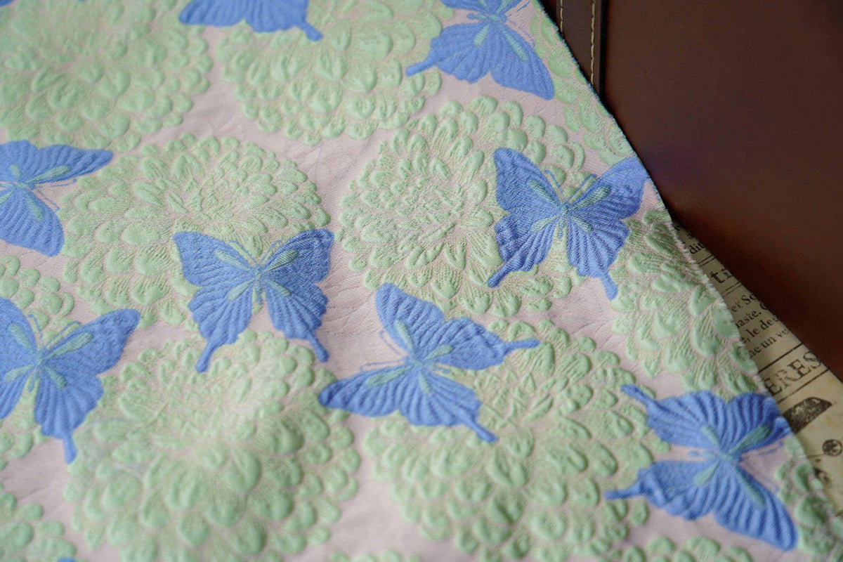Pastel Pink Mint Green Butterfly Jacquard Fabric, 3D Embossed Floral Brocade for Cheongsam, Dresses, Jackets and Sewing Crafts, 54"