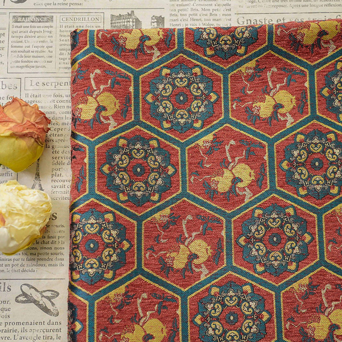 Vintage Chenille Jacquard Fabric, Hexagon Geometric Floral Brocade, Pomegranate Medallion Woven Fabric for Jackets, Coats, Bags, Decor, 65"