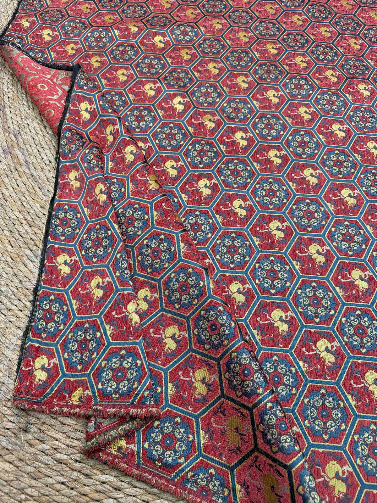 Vintage Chenille Jacquard Fabric, Hexagon Geometric Floral Brocade, Pomegranate Medallion Woven Fabric for Jackets, Coats, Bags, Decor, 65"