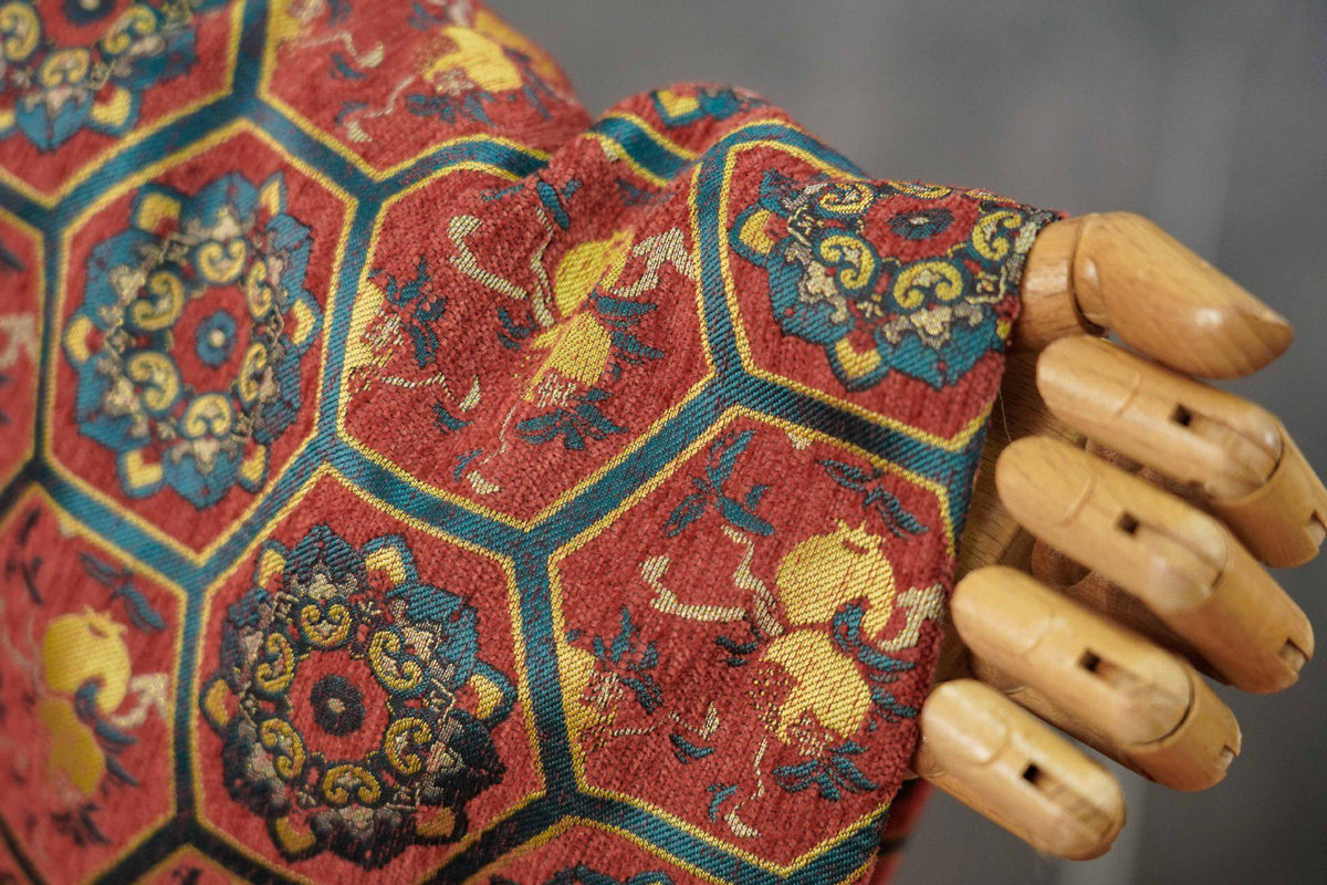 Vintage Chenille Jacquard Fabric, Hexagon Geometric Floral Brocade, Pomegranate Medallion Woven Fabric for Jackets, Coats, Bags, Decor, 65"
