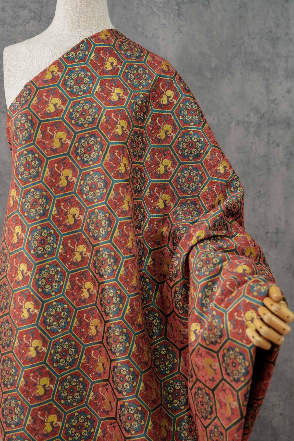 Vintage Chenille Jacquard Fabric, Hexagon Geometric Floral Brocade, Pomegranate Medallion Woven Fabric for Jackets, Coats, Bags, Decor, 65"