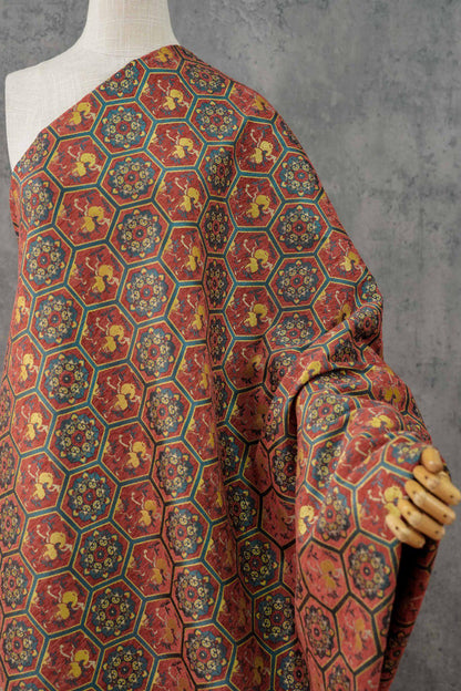 Vintage Chenille Jacquard Fabric, Hexagon Geometric Floral Brocade, Pomegranate Medallion Woven Fabric for Jackets, Coats, Bags, Decor, 65"