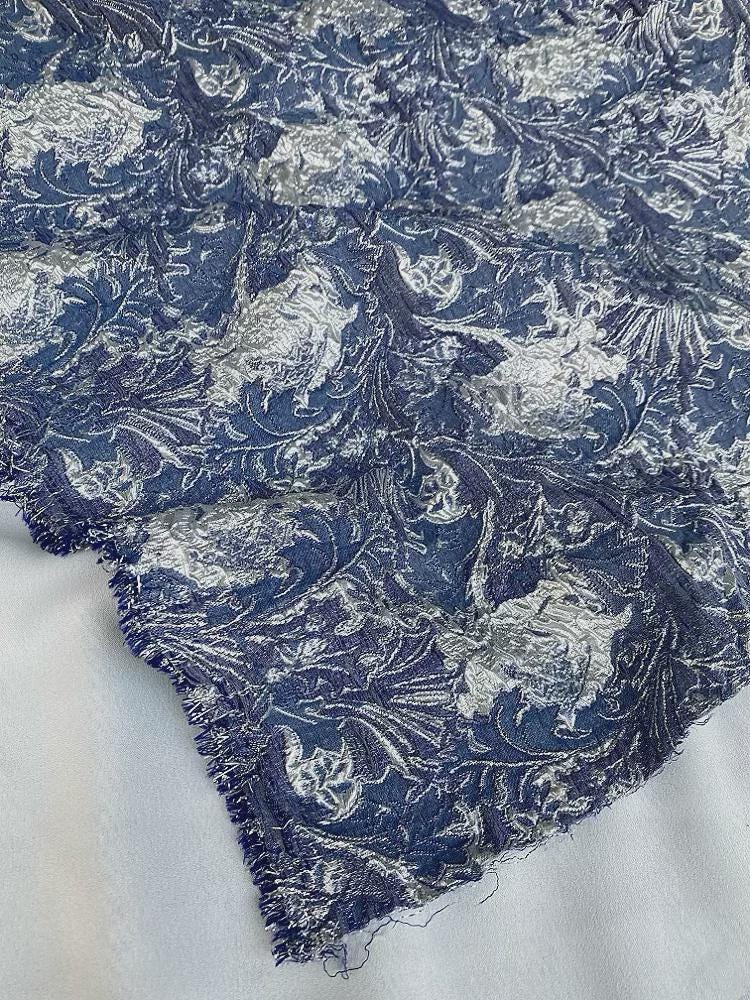 Blue Metallic Jacquard Fabric, 3D Raised Floral Brocade, Shimmering Bubble Texture for Evening Gowns, Dresses and Couture Sewing, 53"