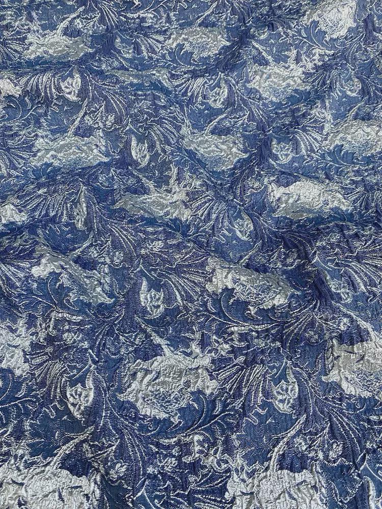 Blue Metallic Jacquard Fabric, 3D Raised Floral Brocade, Shimmering Bubble Texture for Evening Gowns, Dresses and Couture Sewing, 53"