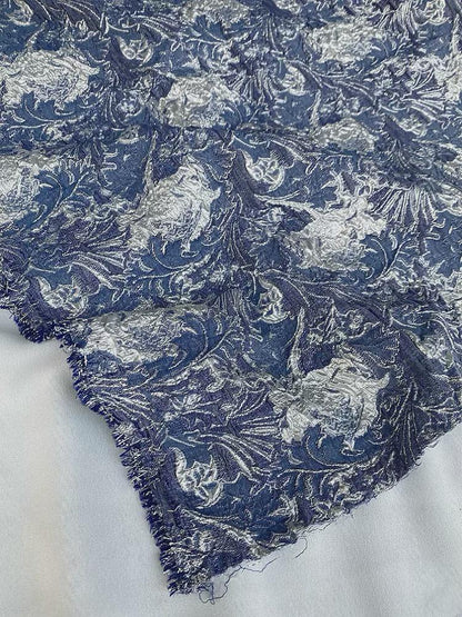 Blue Metallic Jacquard Fabric, 3D Raised Floral Brocade, Shimmering Bubble Texture for Evening Gowns, Dresses and Couture Sewing, 53"
