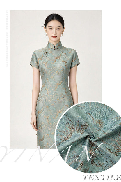 Mint Green Metallic Jacquard Fabric, Gold Abstract Floral Brocade, 3D Raised Textured Fabric for Dresses, Jackets, Evening Gown, Sewing, 56"