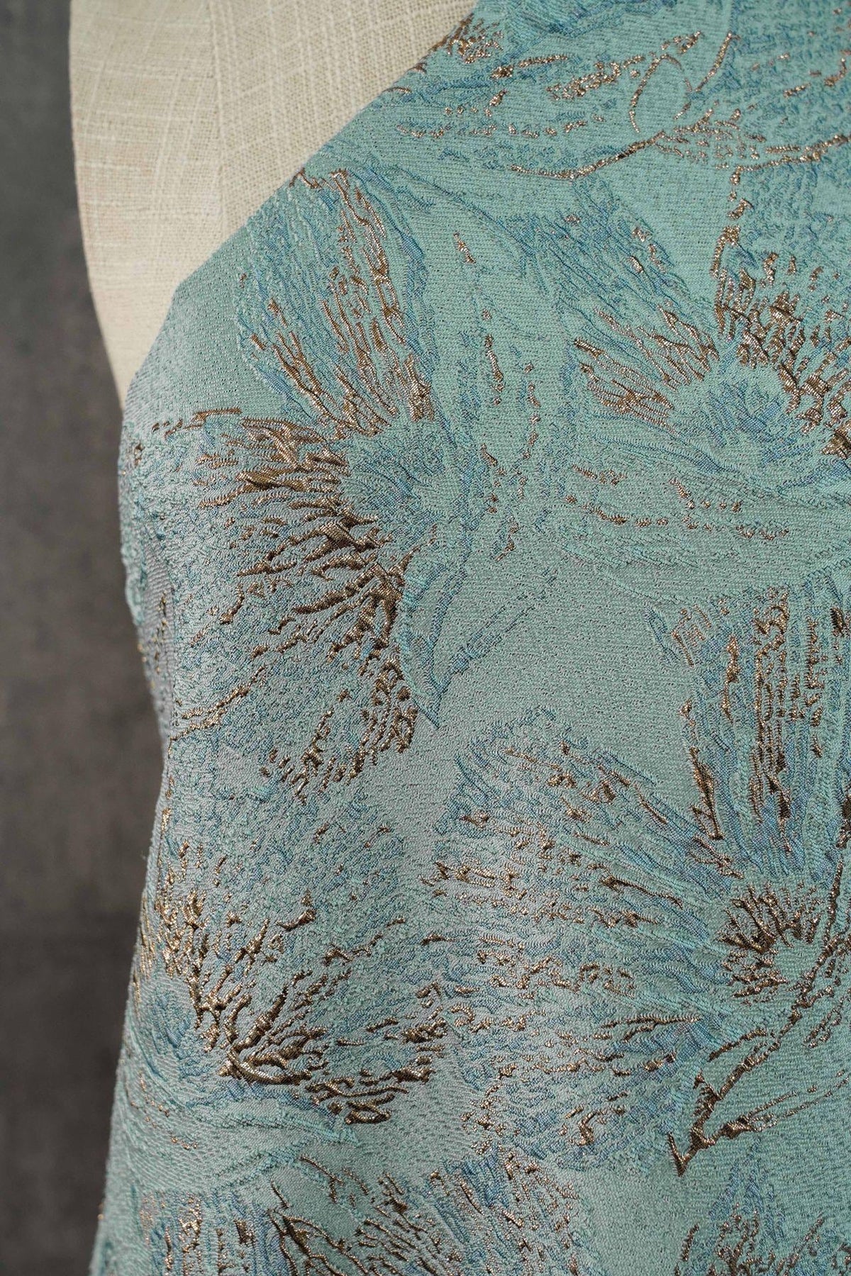 Mint Green Metallic Jacquard Fabric, Gold Abstract Floral Brocade, 3D Raised Textured Fabric for Dresses, Jackets, Evening Gown, Sewing, 56"